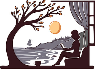 a silhouette of a person sitting in a chair by a window overlooking a serene landscape at sunset