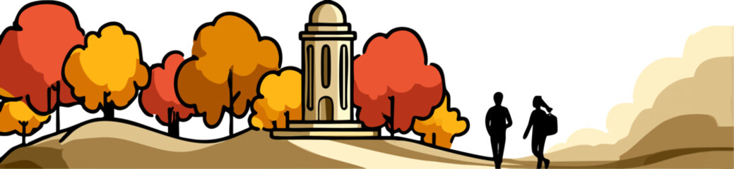 a stylized landscape featuring two people standing on a hill surrounded by colorful trees