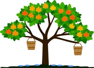 a stylized tree with vibrant orange leaves and two baskets