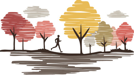 a silhouette of a person running through a landscape filled with colorful trees