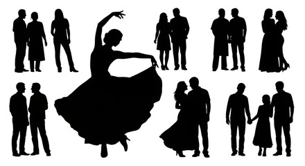 Black silhouettes people dancing posing and interacting
