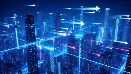 Digital cityscape with data flow and cybernetic elements
 - Powered by Adobe