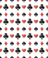 A stylish, repeating pattern of playing card suit symbols (hearts, diamonds, clubs, spades) in red and black on white. Perfect for backgrounds, gambling, or celebration designs