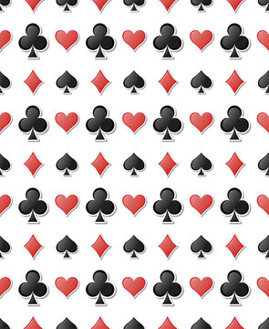 A stylish, repeating pattern of playing card suit symbols (hearts, diamonds, clubs, spades) in red and black on white. Perfect for backgrounds, gambling, or celebration designs
