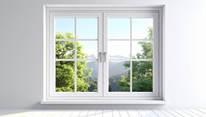 Interior view showcases a bright white window with a classic grid design, overlooking a scenic landscape with vibrant green trees, mountains, and a clear blue sky, creating a peaceful and inviting...