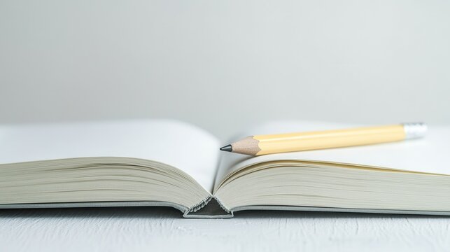 Open book resting on a table with a yellow pencil nearby, capturing a moment of learning and creativity in a quiet space