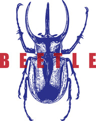 Rhinoceros Beetle High Contrast Engraving. Blue and Red Insect Illustration for T-Shirt Design. Vintage Style Bug, Entomology Art. Isolated on White Background.