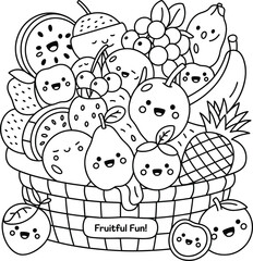 Basket full of happy cartoon fruits with welcome message Keywords: fruits, basket, cartoon