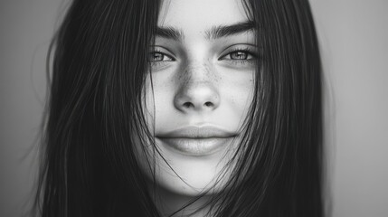 Fototapeta premium Portrait of a smiling young woman with long hair and expressive eyes against a neutral background