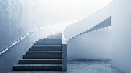 Fototapeta premium Curved staircase in a minimalist building with soft light and bright walls leading to an upper floor