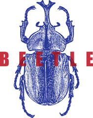 Blue Rhinoceros Beetle Retro Design Stipple Illustration. Red Text Insect Graphic for Apparel or Logo. Vintage Entomology Art. Isolated on White.