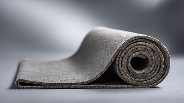 Gray linen yoga mat rolled neatly relaxed and minimal for wellness e-commerce - Powered by Adobe