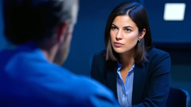 An investigator interviewing an angry female prison inmate expressions intense across a stark interrogation table cold fluorescent light casting sharp shadows atmosphere of