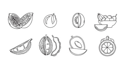 Collection of various exotic fruits and vegetables cut in half silhouette