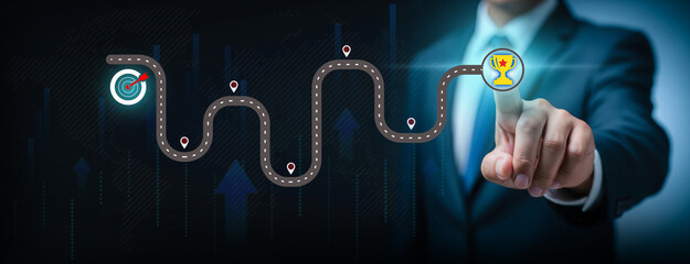 Strategic Roadmap to Business Success and Achievement, Finger points at winding path from goal to trophy with milestones
