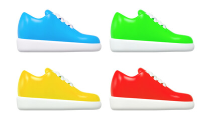 3d set sneakers, shoes, hiking footwear. Men's and women's footwear blue, green, yellow, red colors. Stock vector illustration on isolated background.