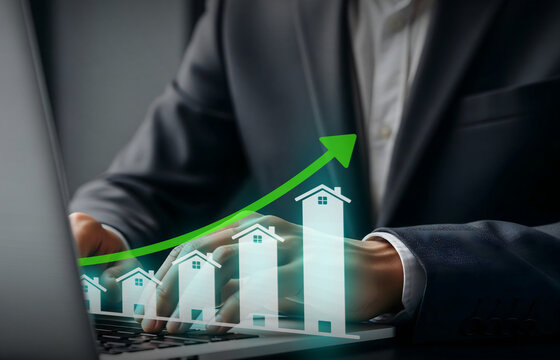 Real Estate Growth and Investment Trend Visualization, Laptop shows rising house icons and upward green arrow