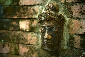 Ancient Stone Face on Mossy Brick Wall