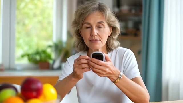 A middle aged woman seated at a kitchen table monitoring her blood sugar level glucose meter in hand expression of concentration and care soft natural light entering through win