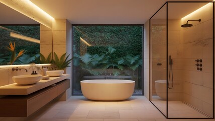 Fototapeta premium Modern bathroom interior showcases tile floor, white bathtub, and lush plants near a glass shower area with minimalist design