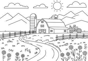 Black and white line drawing of a farm landscape with barn, silo, tractor, and mountains vector