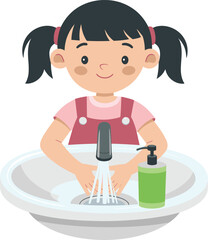  Cartoon child washing hands, hygiene education for kids, handwashing illustration, clean habits, bathroom sink, soap dispenser, health awareness, vector art