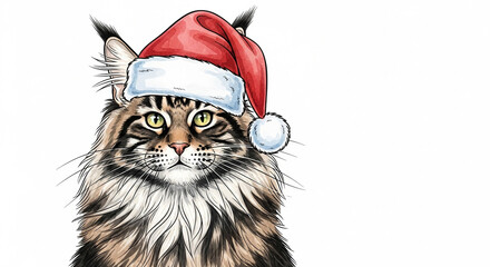 Maine Coon cat wearing Santa hat for Christmas celebration  