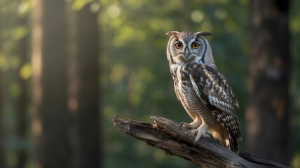 Obraz premium Owl Perched on Tree Branch in Forest Light