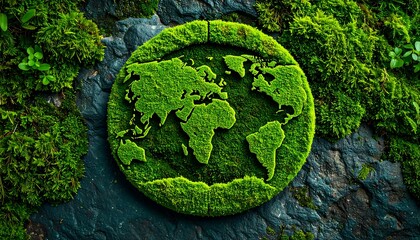 Earth globe embossed in moss, on dark stone