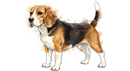 Charming watercolor illustration of a classic tricolor Beagle dog standing proudly with a friendly expression, perfect for pet lovers and canine enthusiasts.