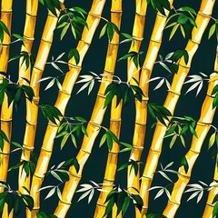 Seamless pattern with yellow bamboo stalks and green leaves on dark green background. Bright tropical design in Asian style with natural motif