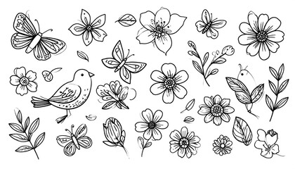 Hand-drawn collection of flowers, butterflies, and birds