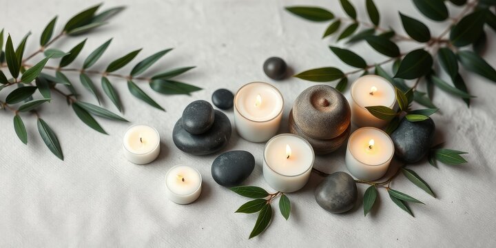 Serene Spa Still Life: Candles, Stones, and Greenery for Relaxation