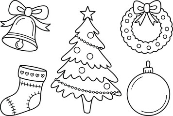 Christmas decorations including bell, tree, wreath, stocking, ornament holiday festive