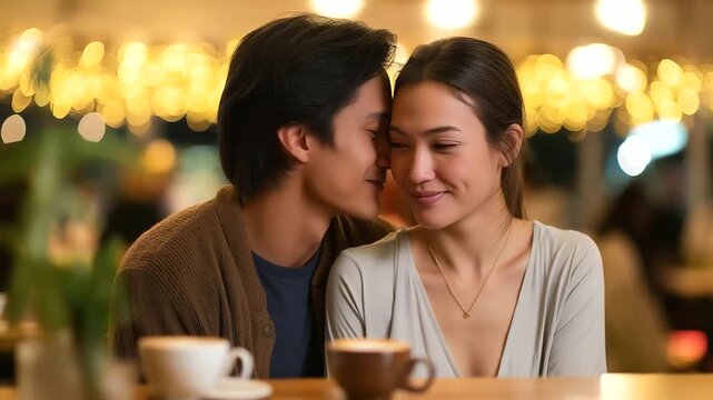 In a warmly lit caf&eacute;, a couple leaning closely together at a small wooden table, whispering secrets with subtle smiles, steaming cups of coffee placed beside them, soft background