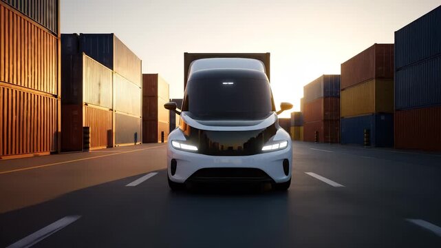 Electric van passes container yard under stacked container tower. Autonomous delivery truck drives on paved road between container rows. Cargo load hints logistics operation and supply. Sunset glow.