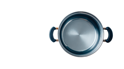 kitchen pot flat lay with center focus and white empty space around isolated on a Transparent background, PNG file.