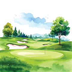 Golf Course Drawing Realistic Watercolor Illustration on White Background
