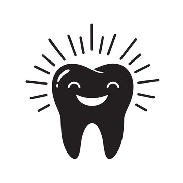 A cheerful, shining tooth with a happy smile radiates good oral hygiene and dental health in this charming black and white illustration.