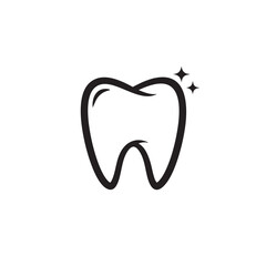 A clean, minimalist black outline icon of a sparkling, healthy tooth, representing excellent dental care, hygiene, and a radiant, fresh smile on a pure white background.