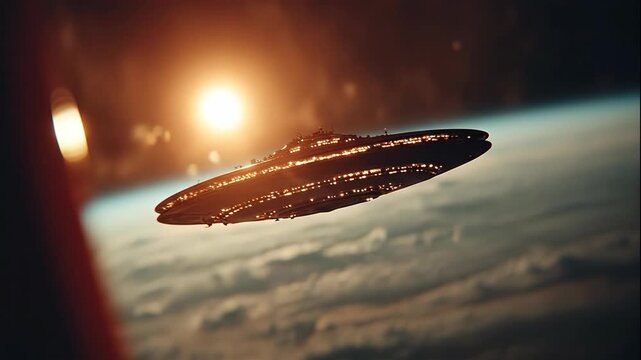 Spaceship flying above clouds and planet surface in sunset light, exploration into another world concept, sci fi footage