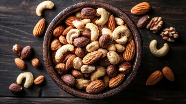 Mix of nuts in wooden bowl with almonds cashews walnuts and hazelnuts healthy snack natural organic food