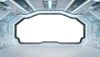 White futuristic spaceship interior with isolated cut out transparent window. Glossy starship with glowing lights. 3D rendering © sdecoret