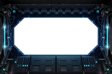 Plakat Grunge dark spaceship cockpit with isolated cut out transparent window. Futuristic black starship interior with glowing lights. 3D rendering