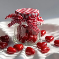 Glass jar with red heart candies and ribbon lid on white fabric background symbol of love sweet gift care