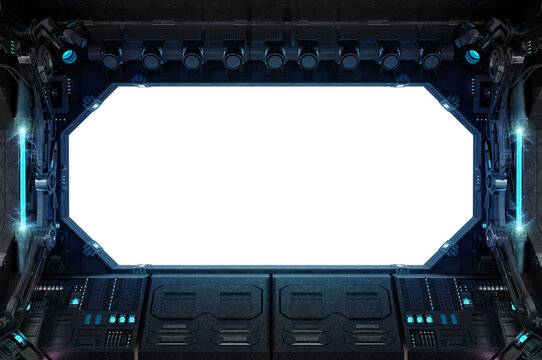 Grunge dark spaceship cockpit with isolated cut out transparent window. Futuristic black starship interior with glowing lights. 3D rendering