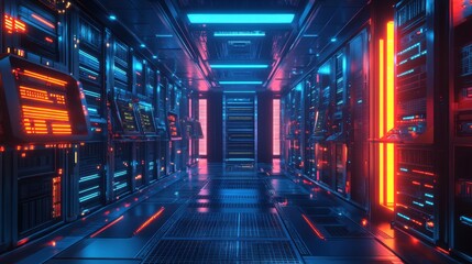 Futuristic data center with glowing blue and red lights server racks digital technology and network power
