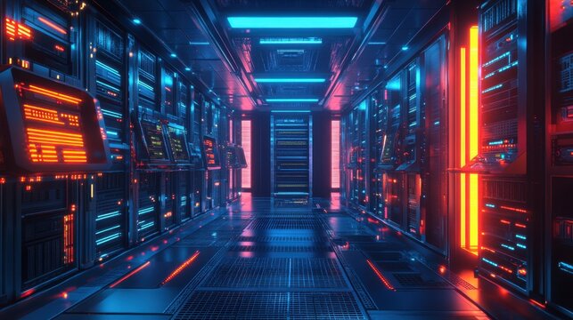 Futuristic data center with glowing blue and red lights server racks digital technology and network power - Powered by Adobe
