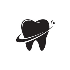 A sleek, modern black tooth icon with a dynamic arc and sparkling elements symbolizes professional dental care, oral hygiene, and a healthy, bright smile.