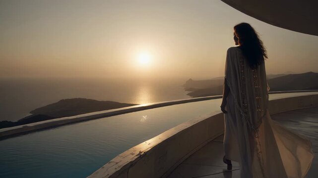 Beautiful brunette woman in a flowing dress walking along a curved infinity pool, enjoying the golden sunset over the sea from a modern terrace, embodying a moment of tranquil luxury